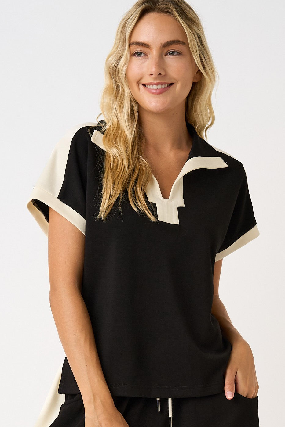 Cloud Knit Contrast Stripe Polo Short Sleeve Top & Pants