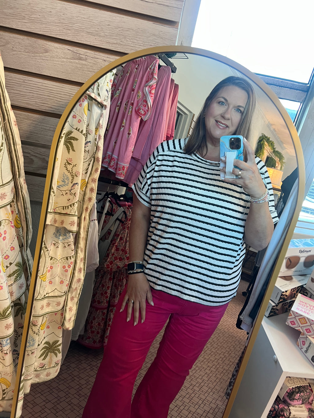 Stripe Jacquard Round Neck Box Tee Plus