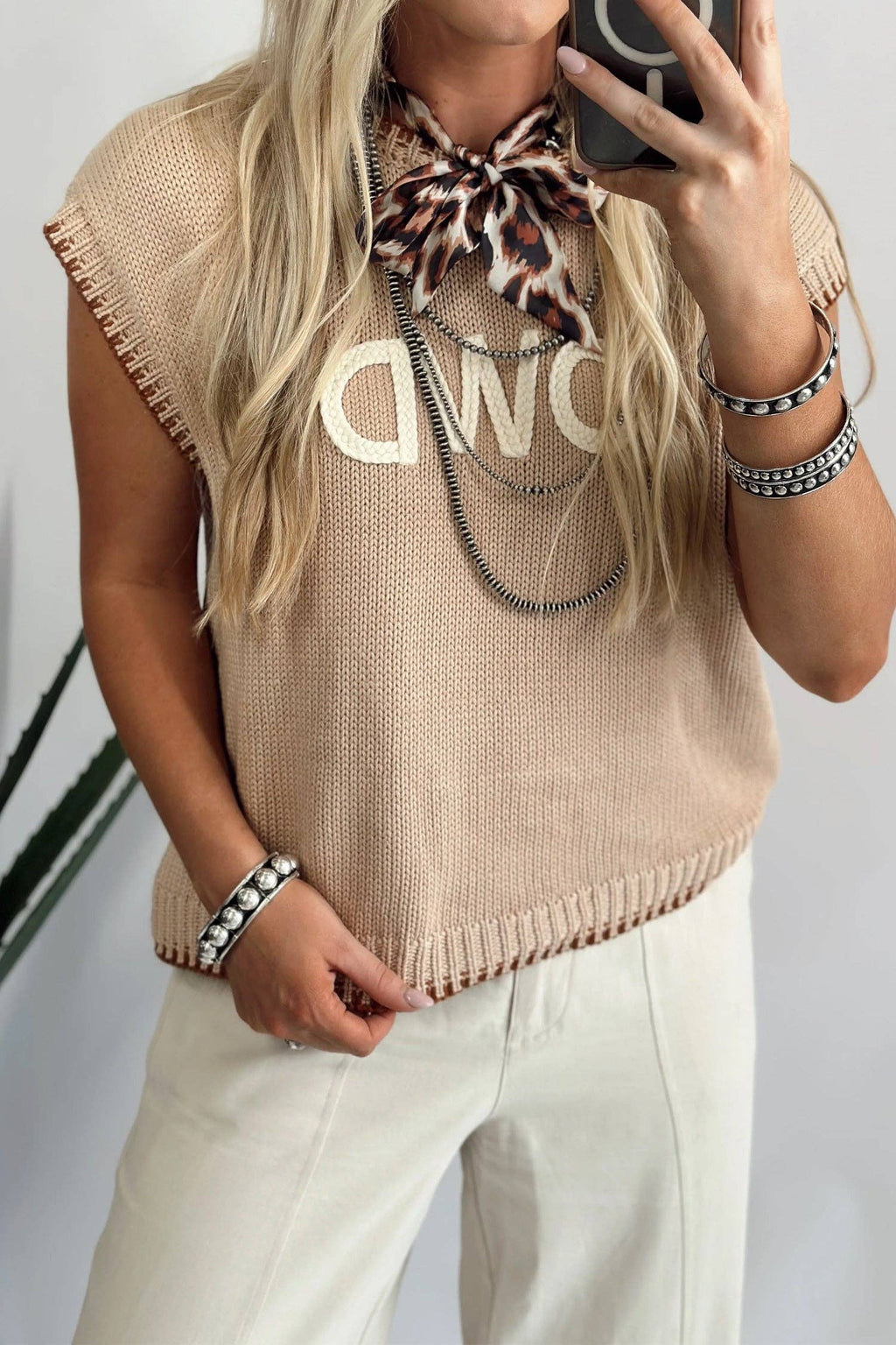 Howdy Western Knit Sweater Vest Contrast Trim Top