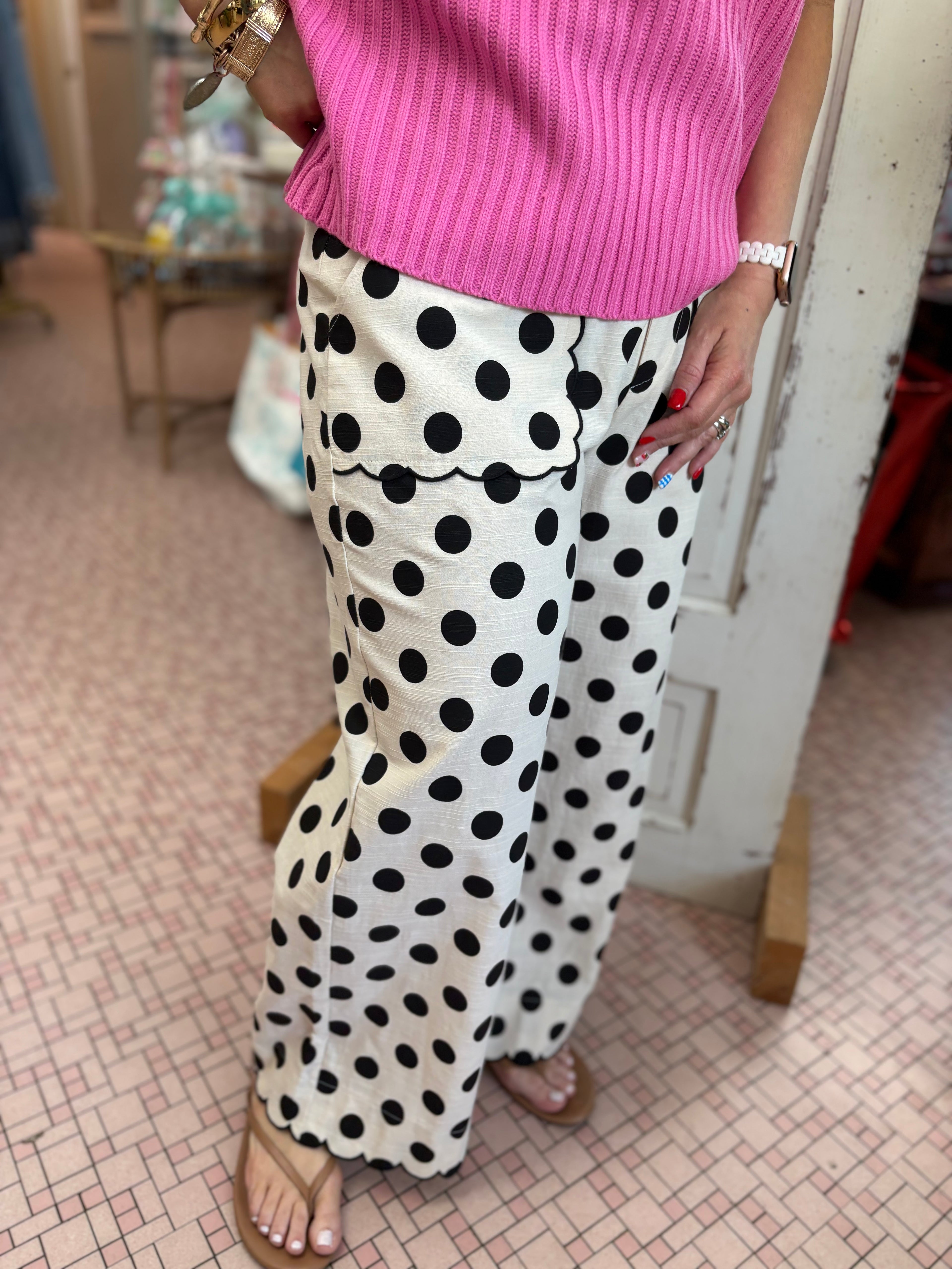 Embroidered Scallop Edge Detailed Polka Dot Pants