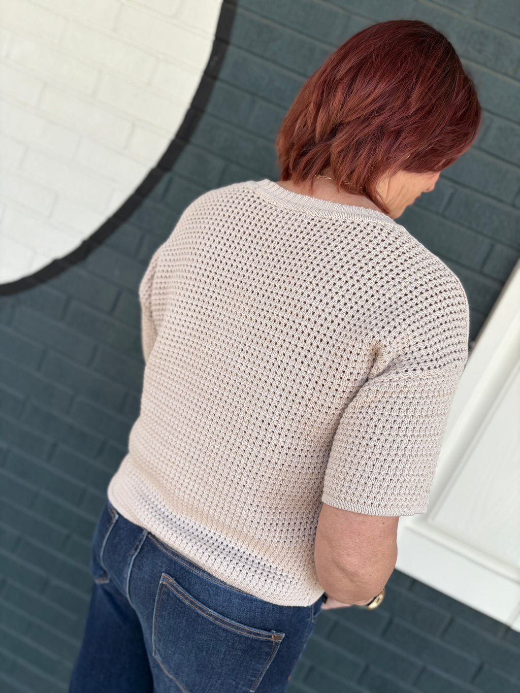 Waffle Knit Boxy Short Sleeve Sweater
