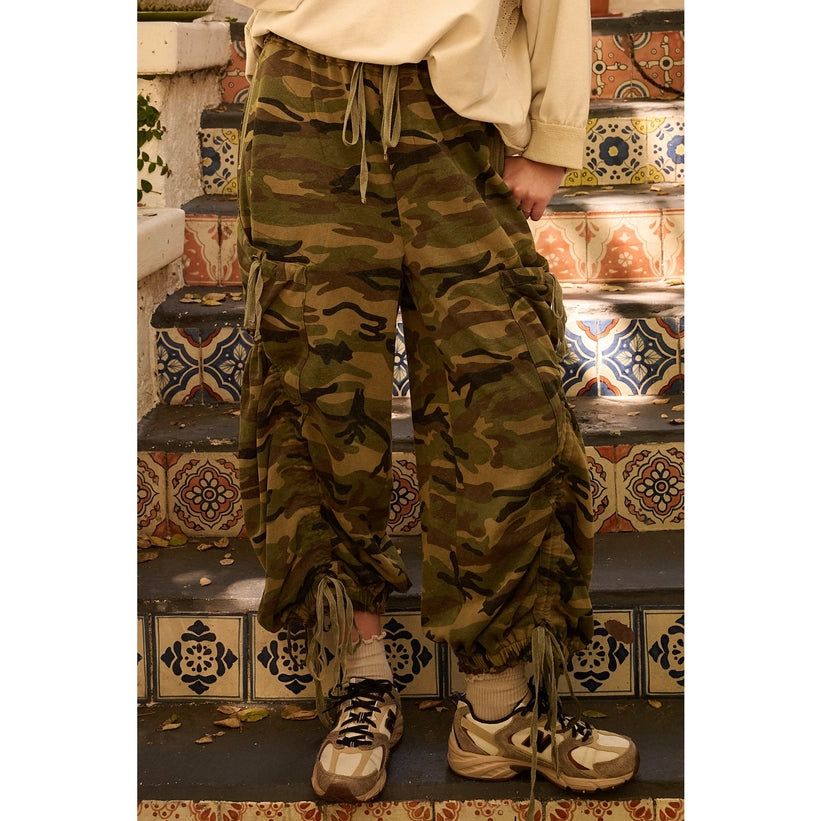 Camo Cargo Drawstring Parachute Pants