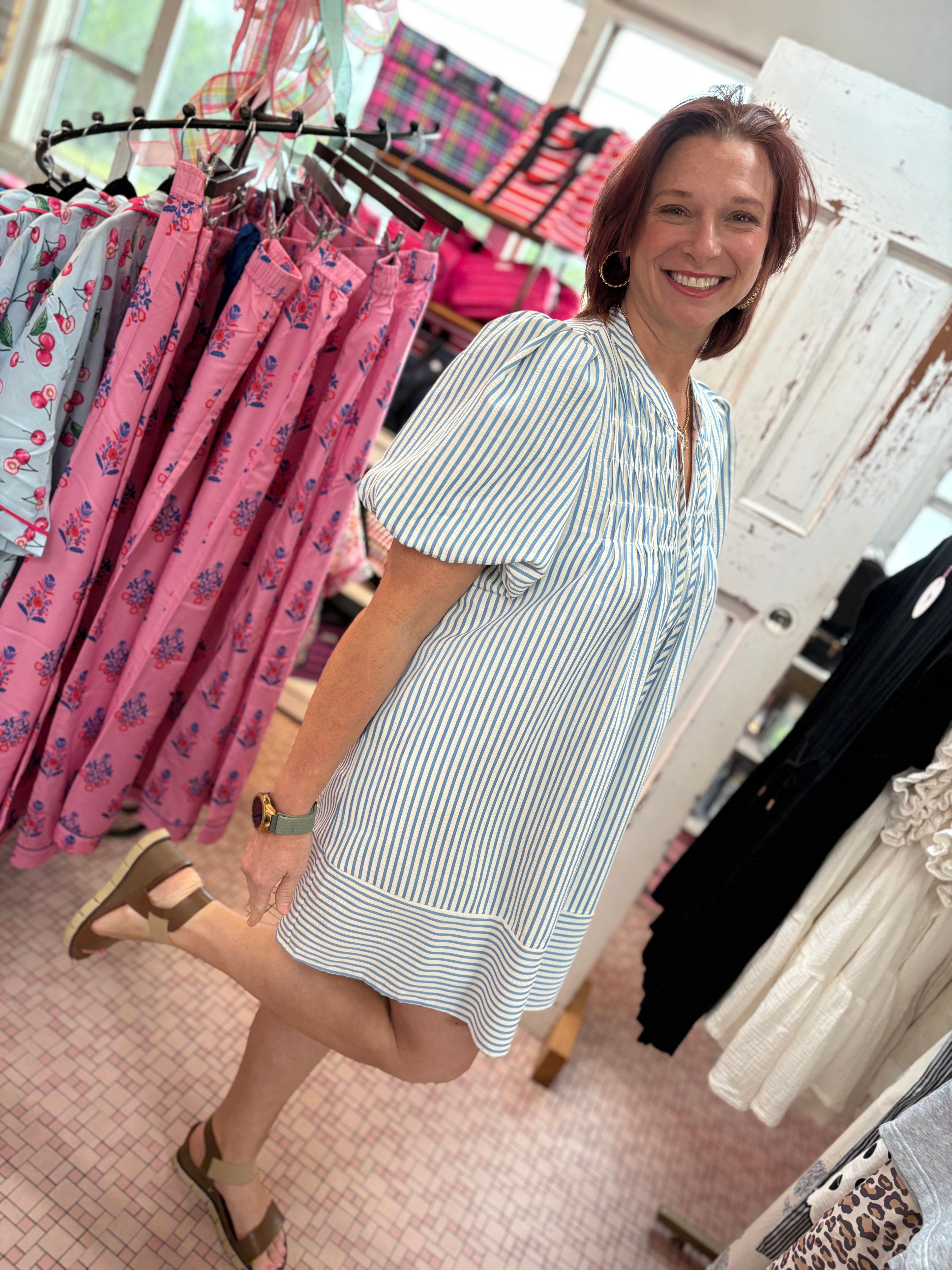 Puff Sleeve Pintuck Detail Striped Woven Dress