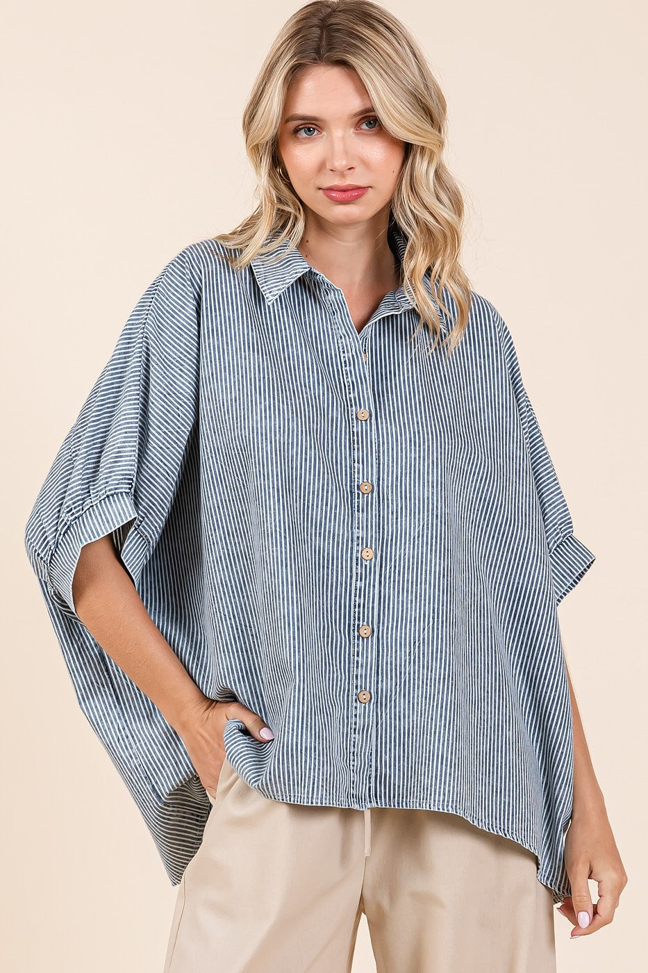 Washed Striped Print Dolman Button Down Shirt