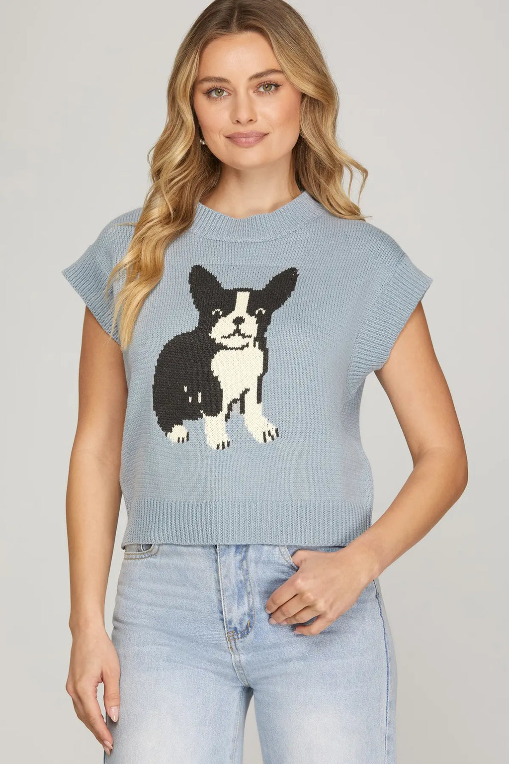 DROP SHORT SLEEVE ROUND NECK DOG PATTERN SWEATER TOP