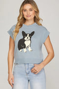 DROP SHORT SLEEVE ROUND NECK DOG PATTERN SWEATER TOP