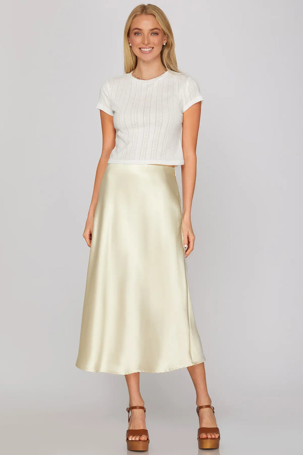 SATIN BIAS MIDI SKIRT WITH ELASTIC WAISTBAND AND SIDE ZIPPER