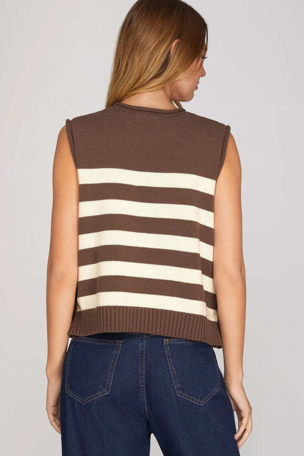 She +Sky Plus size and regular sleeveless brown striped sweater