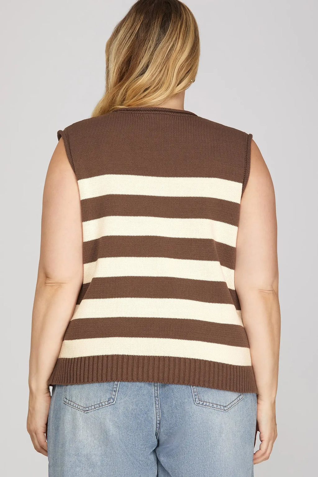She +Sky Plus size and regular sleeveless brown striped sweater