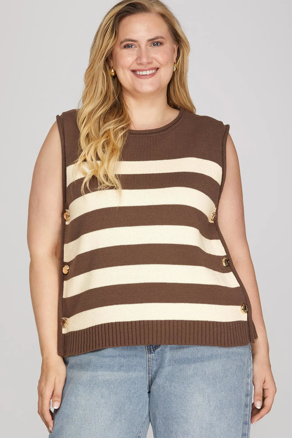 She +Sky Plus size and regular sleeveless brown striped sweater