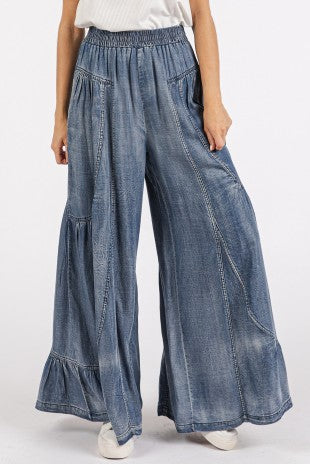 Washed Chambray Tier Detail Wide Leg Pants