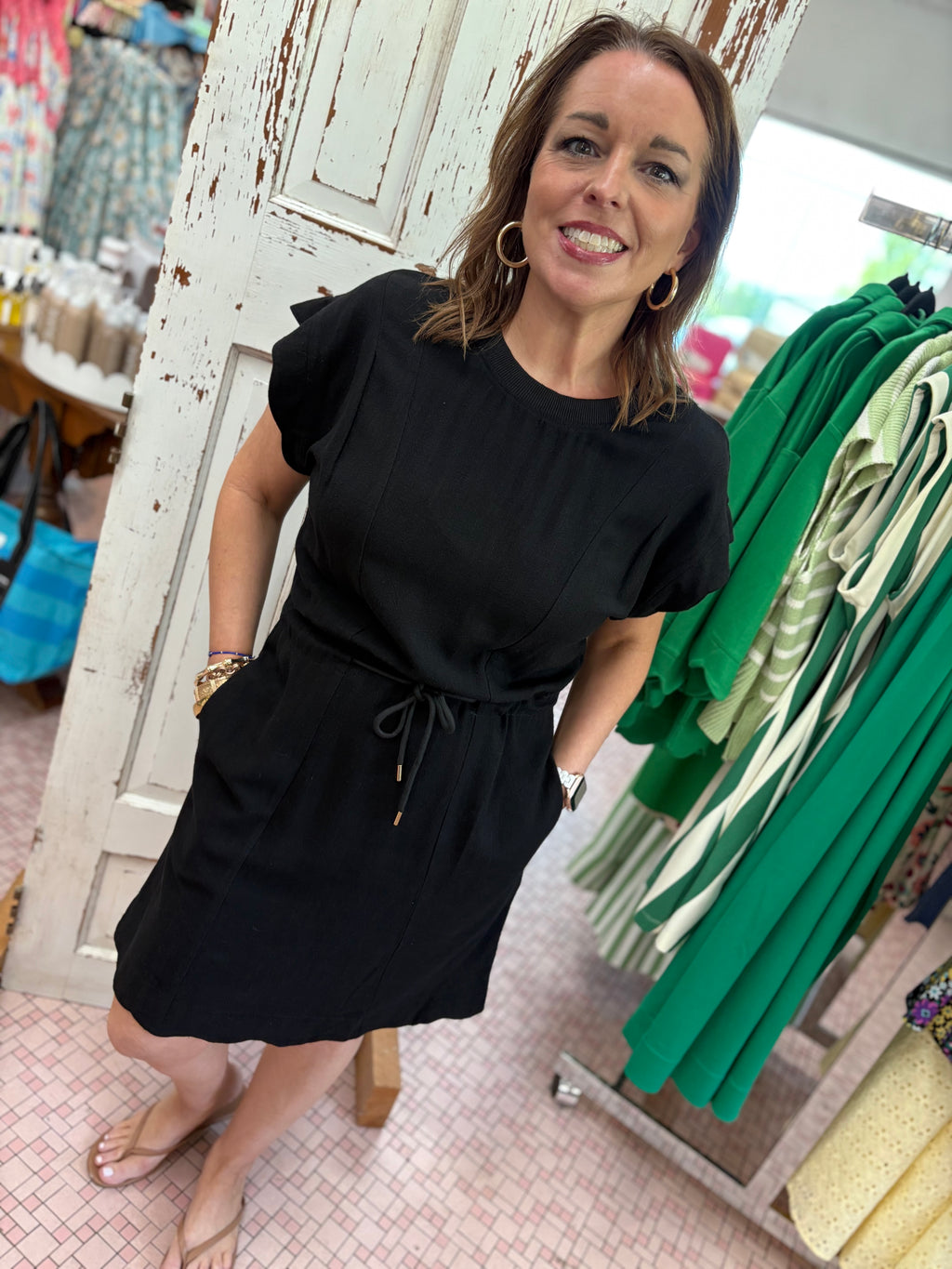 Linen Blend Scallop Hem Mini Dress