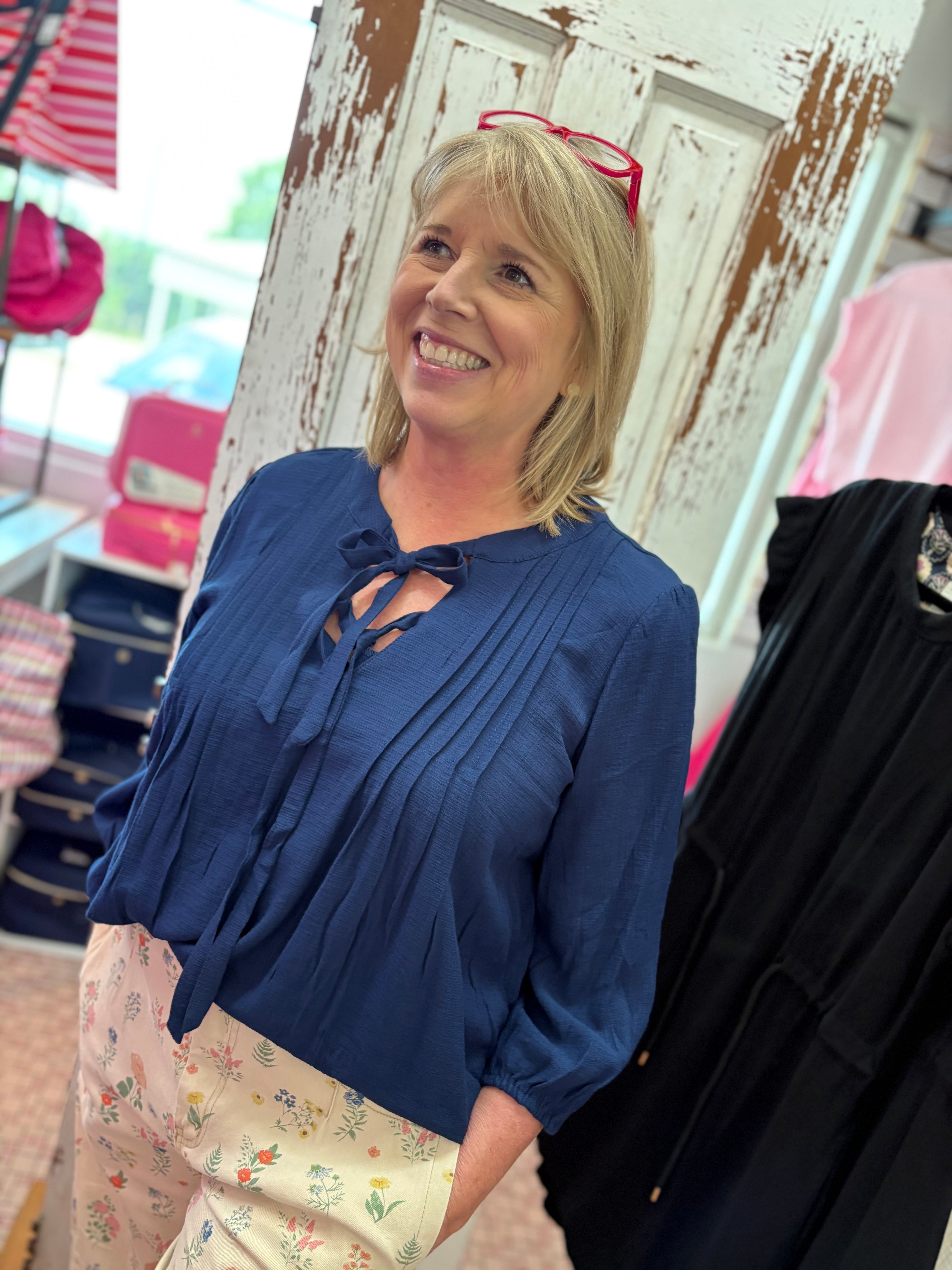 Front Tie Pleated Front 3/4 Sleeve Top Plus