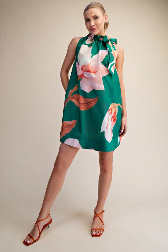 Glam Mini Dress Ruffle Neck Tie Sleeveless Floral Print