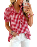 Gingham Ruffle Puff Sleeve Button Blouse Top