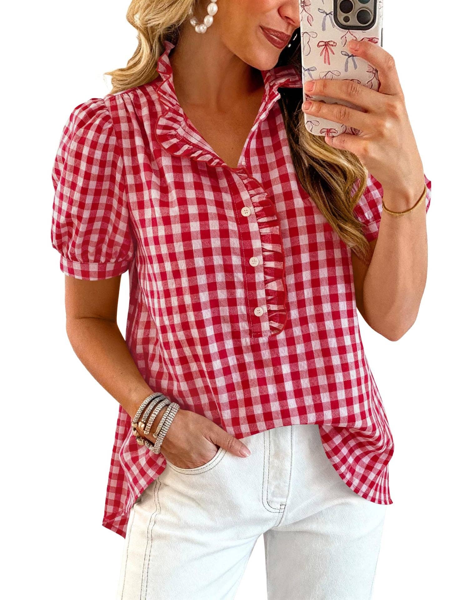 Gingham Ruffle Puff Sleeve Button Blouse Top