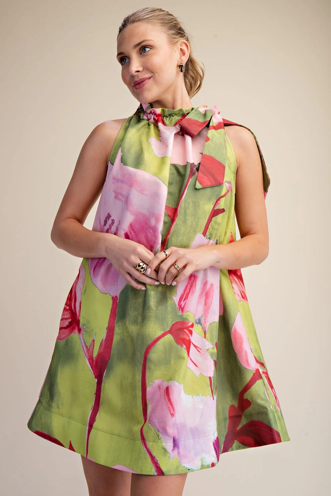Ruffle Neck Tie Sleeveless Floral Print Mini Dress
