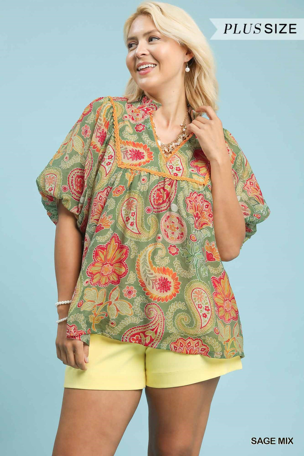 Mix Paisley Print Blouse with Puff Sleeves