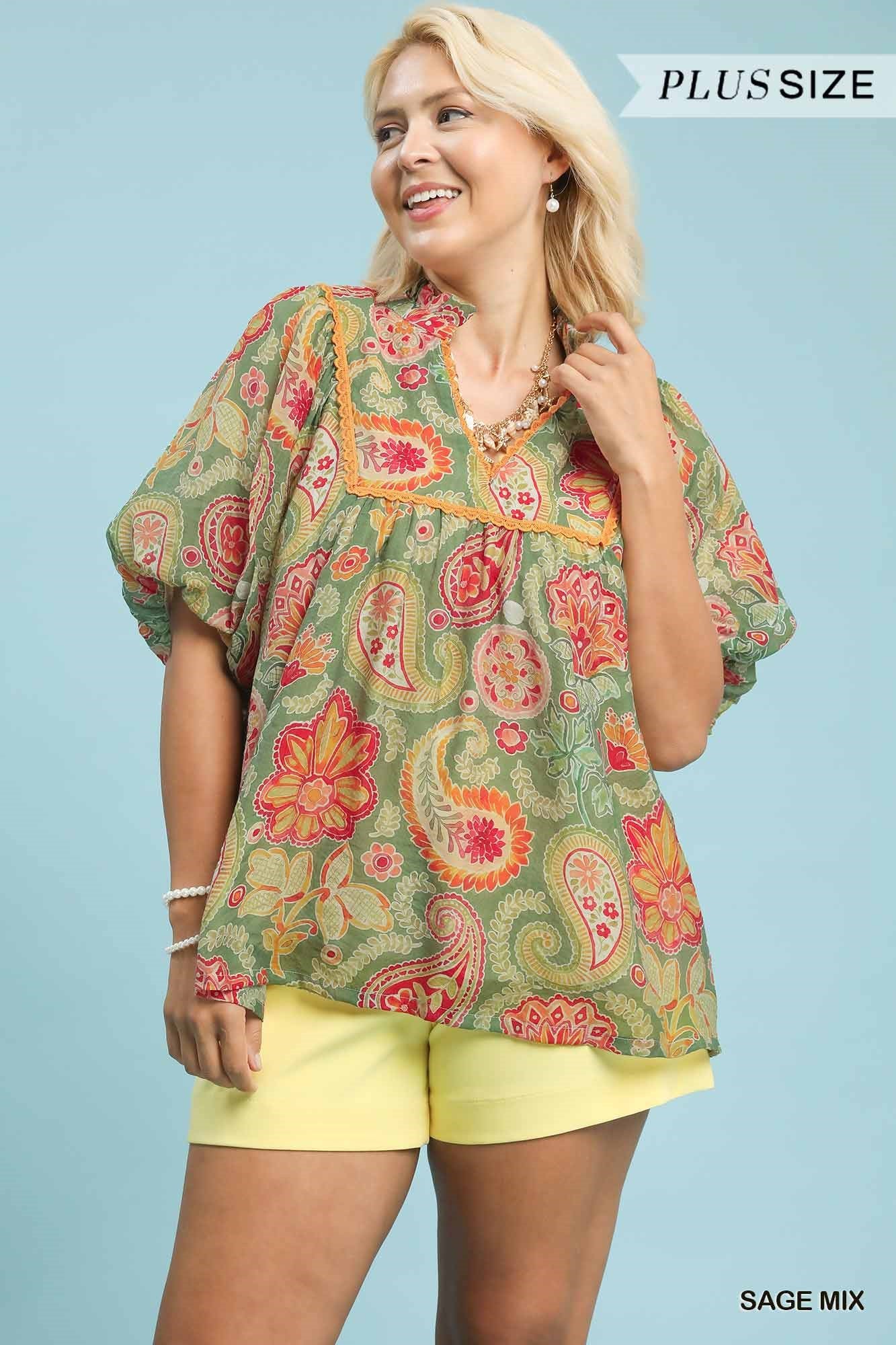 Mix Paisley Print Blouse with Puff Sleeves