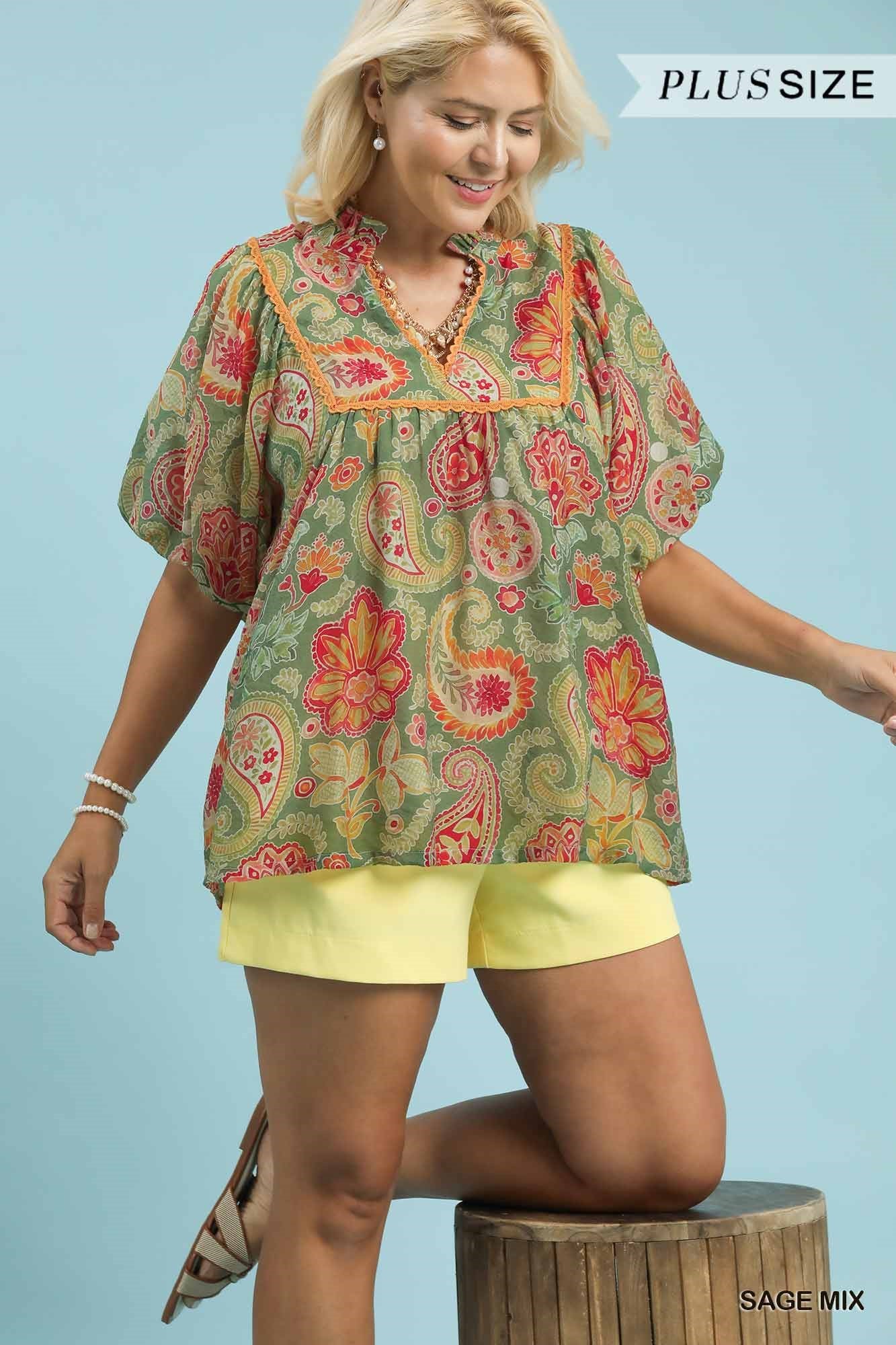 Mix Paisley Print Blouse with Puff Sleeves