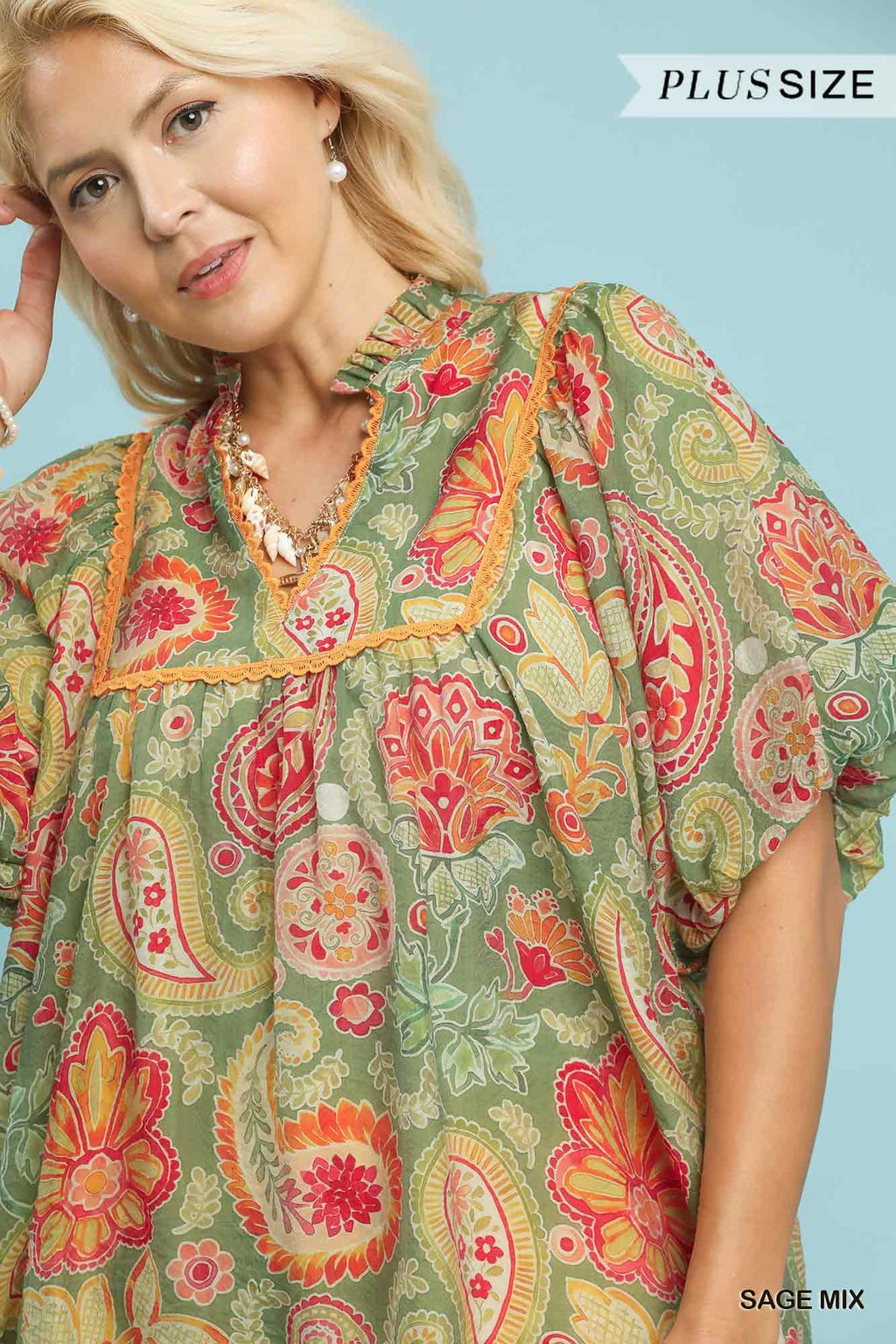 Mix Paisley Print Blouse with Puff Sleeves