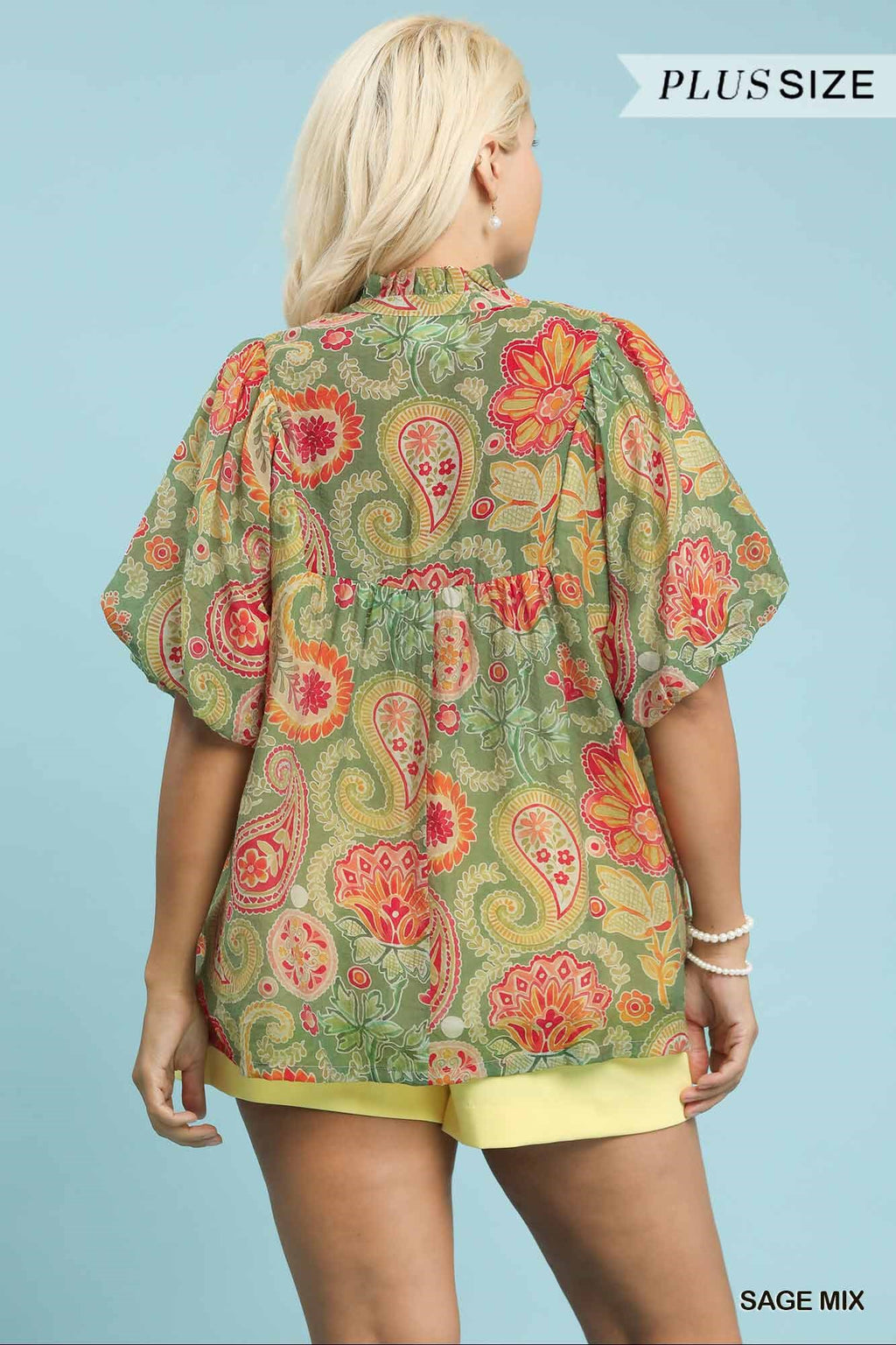 Mix Paisley Print Blouse with Puff Sleeves
