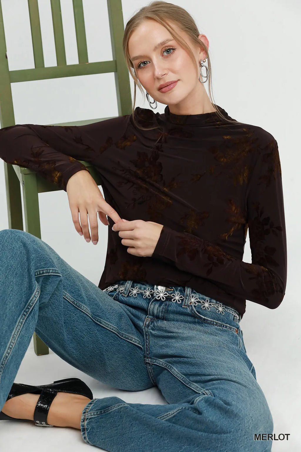 Merlot Floral Mock Neck Long Sleeve Top