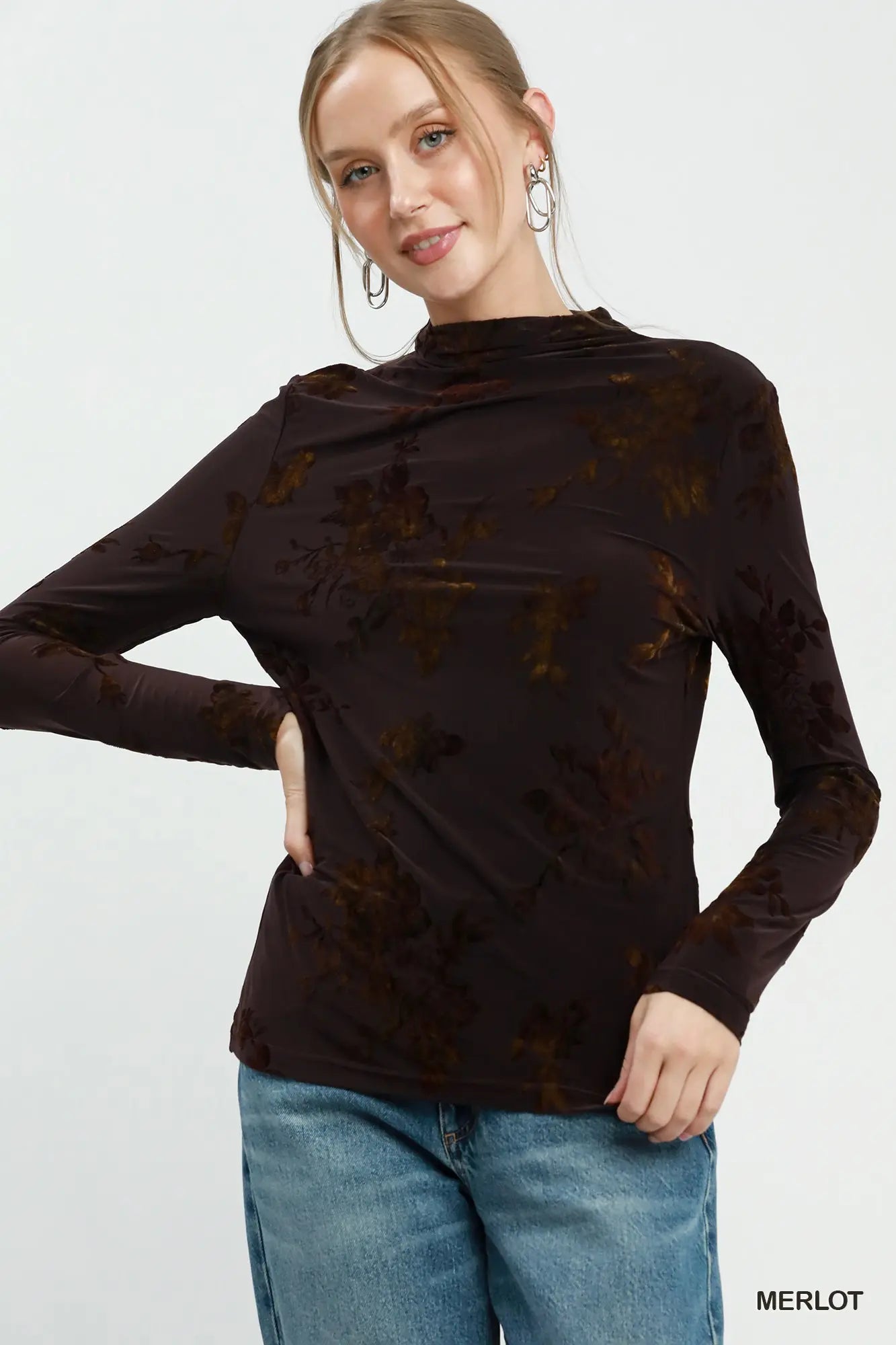 Merlot Floral Mock Neck Long Sleeve Top