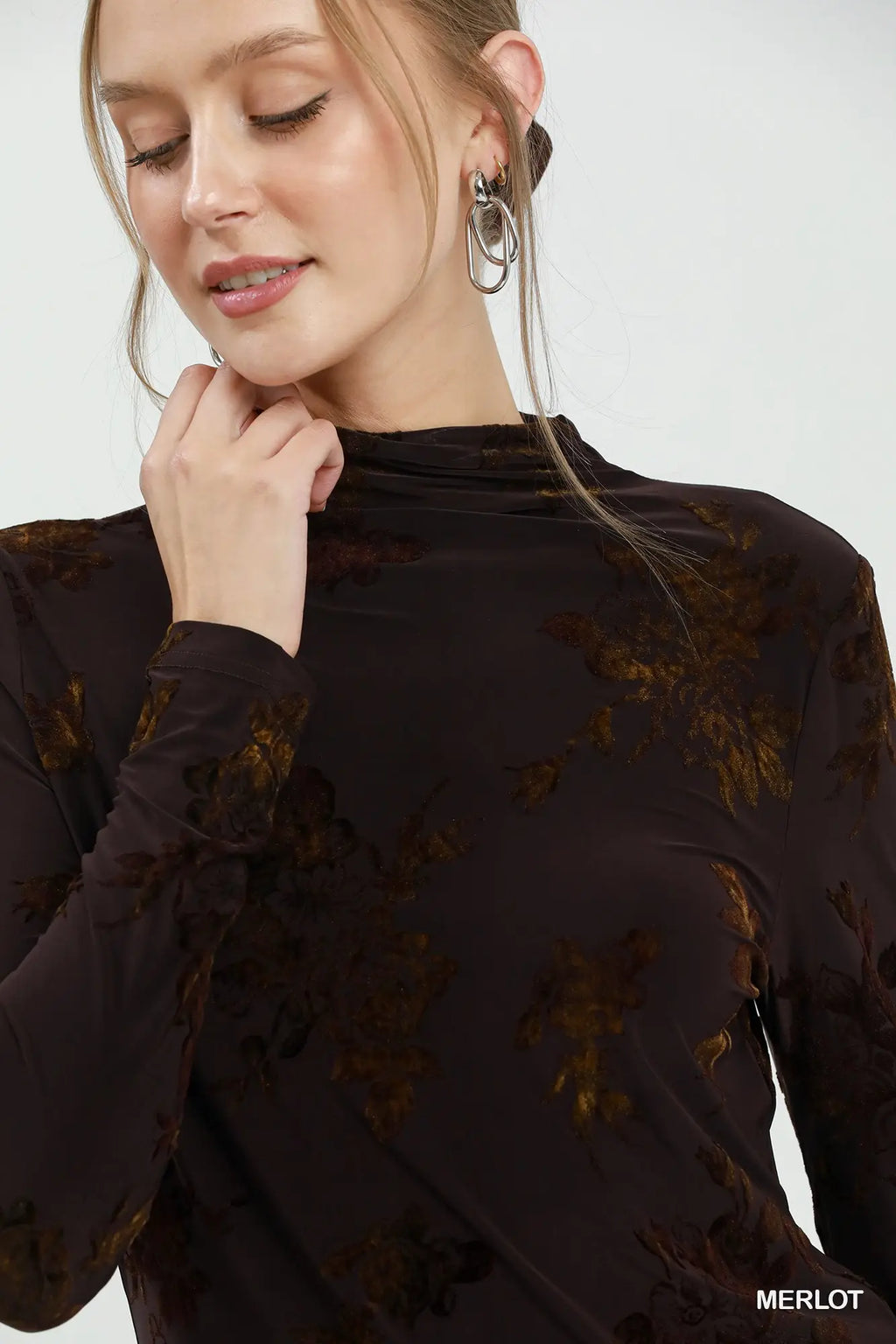 Merlot Floral Mock Neck Long Sleeve Top