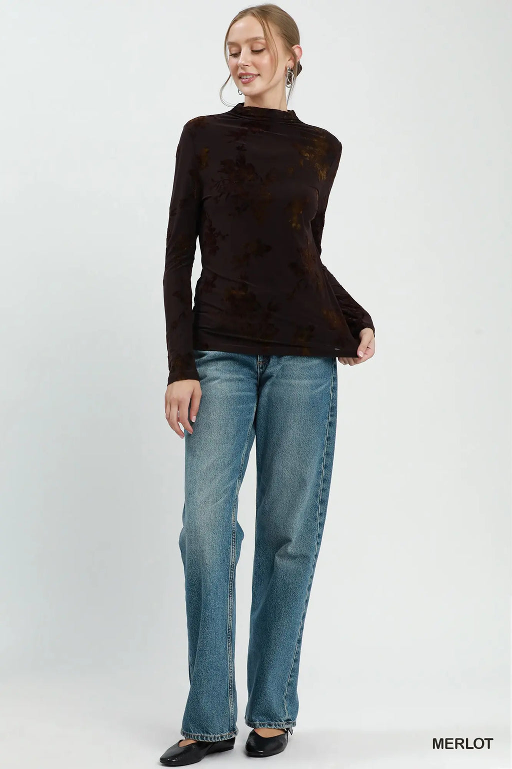 Merlot Floral Mock Neck Long Sleeve Top