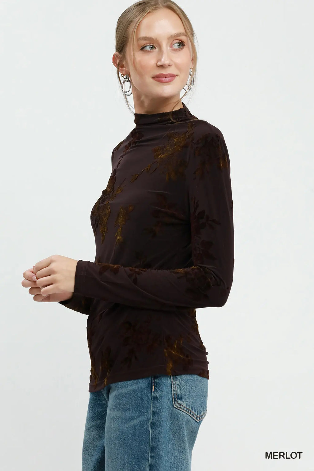 Merlot Floral Mock Neck Long Sleeve Top