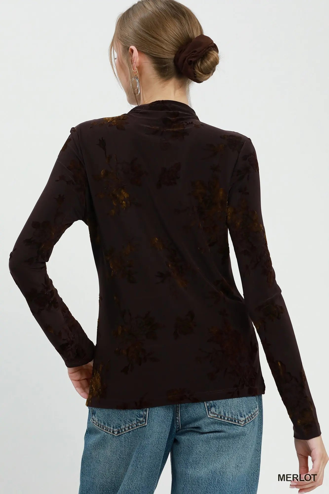 Merlot Floral Mock Neck Long Sleeve Top