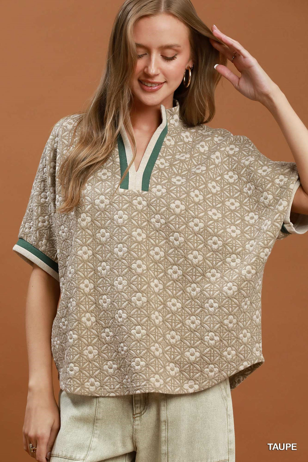 Jacquard Floral Textured Contrast Trim Pullover Top