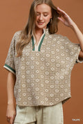Jacquard Floral Textured Contrast Trim Pullover Top