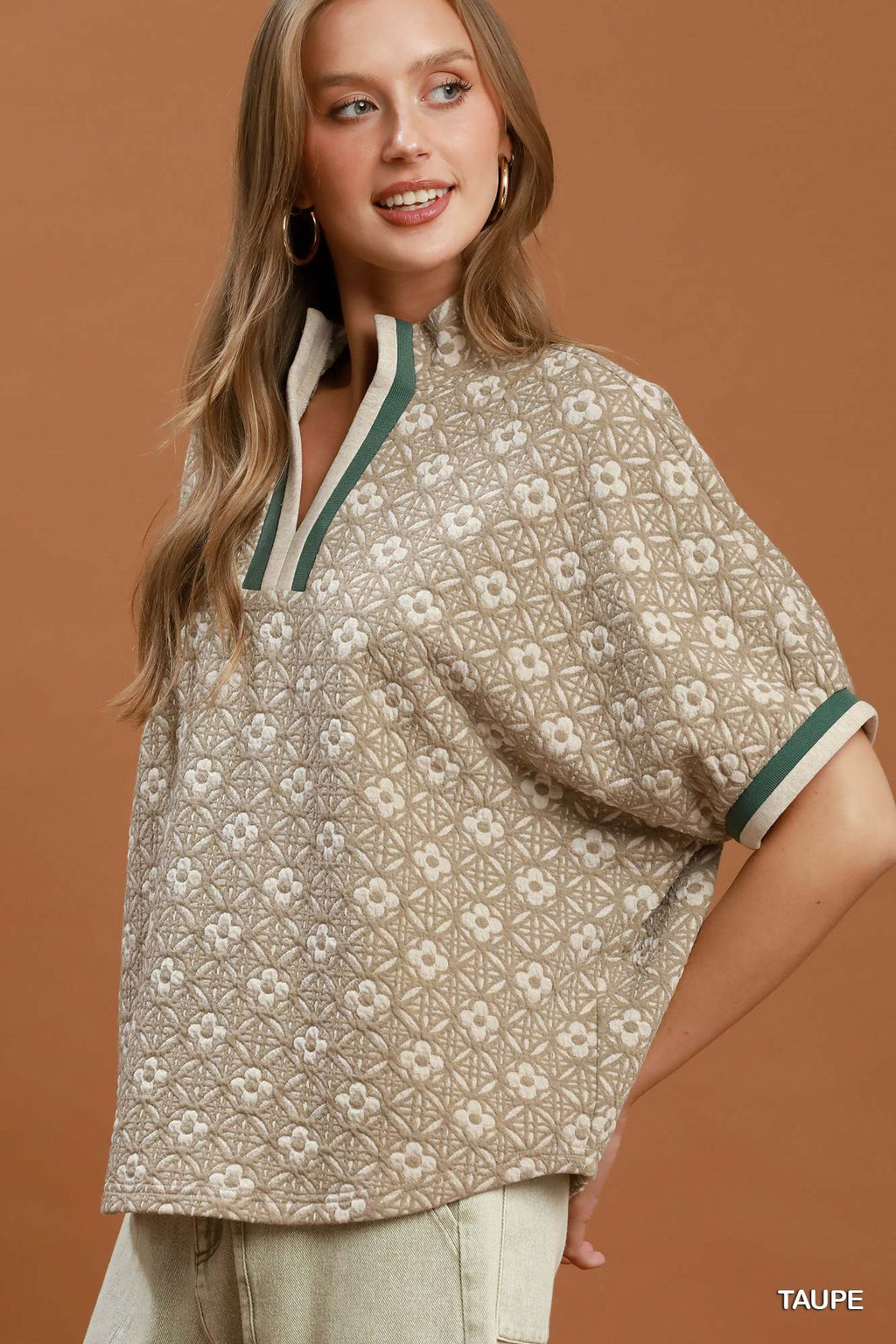 Jacquard Floral Textured Contrast Trim Pullover Top