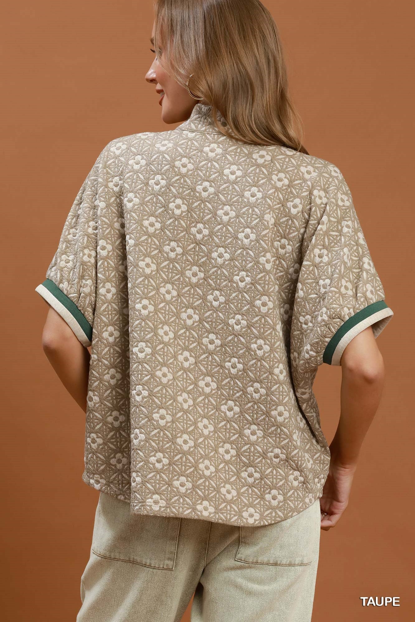 Jacquard Floral Textured Contrast Trim Pullover Top