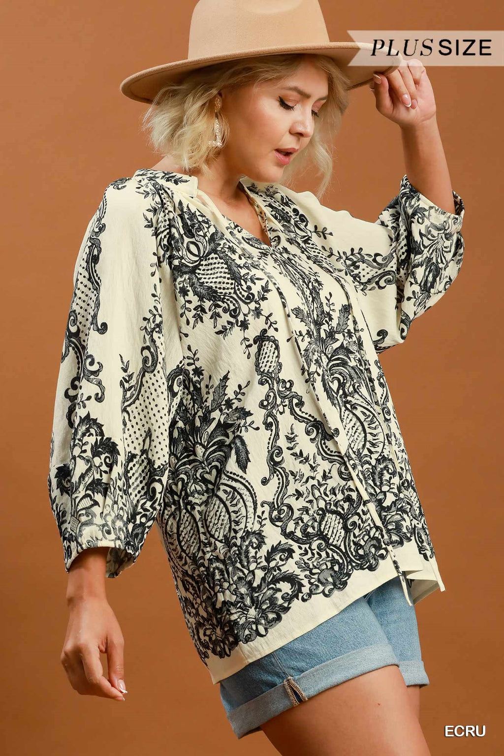 Boho Border Print Tie Neck Blouse