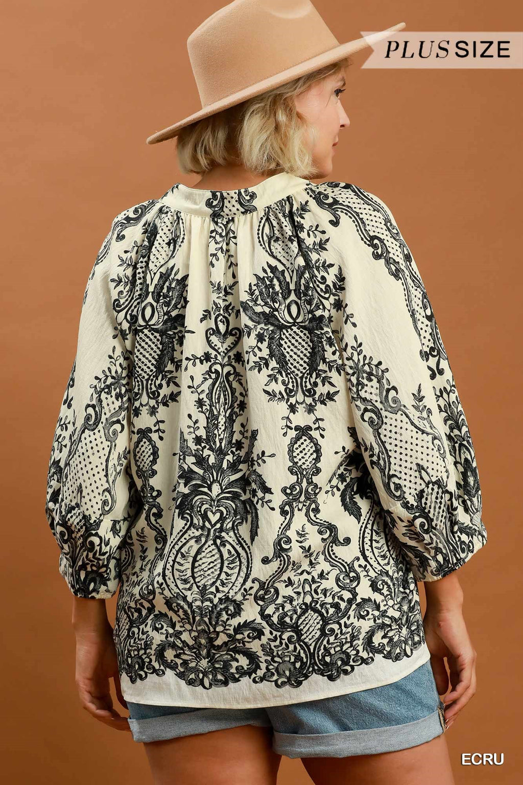 Boho Border Print Tie Neck Blouse