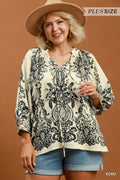 Boho Border Print Tie Neck Blouse