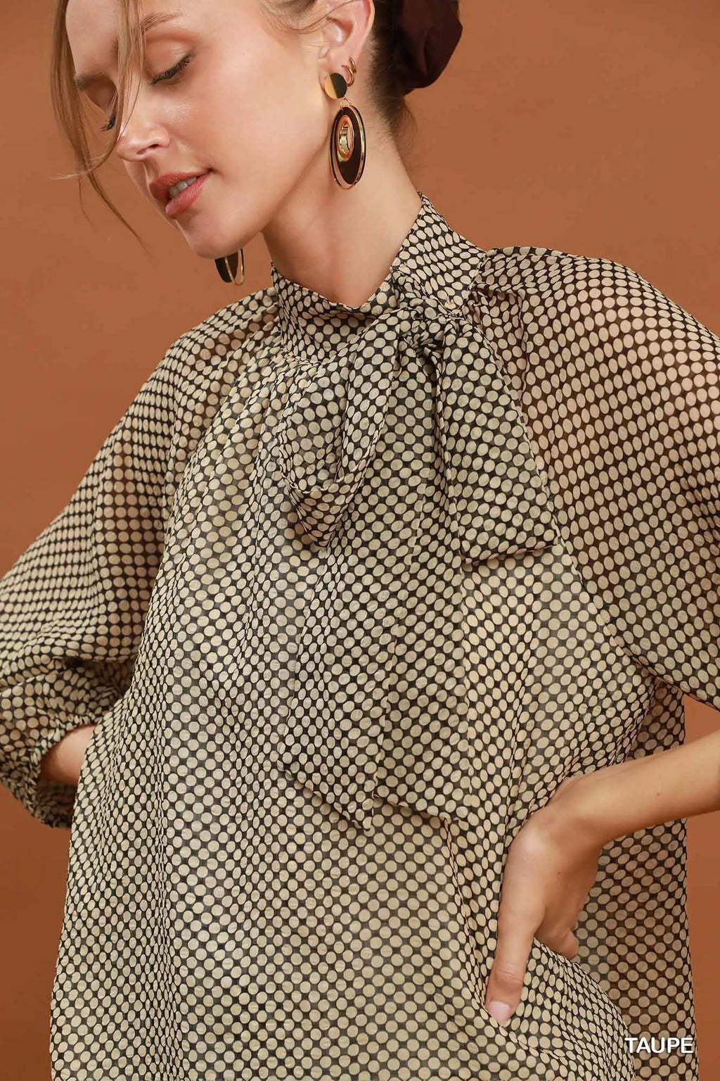Taupe Dot Print Tie Neck Long Sleeve Blouse