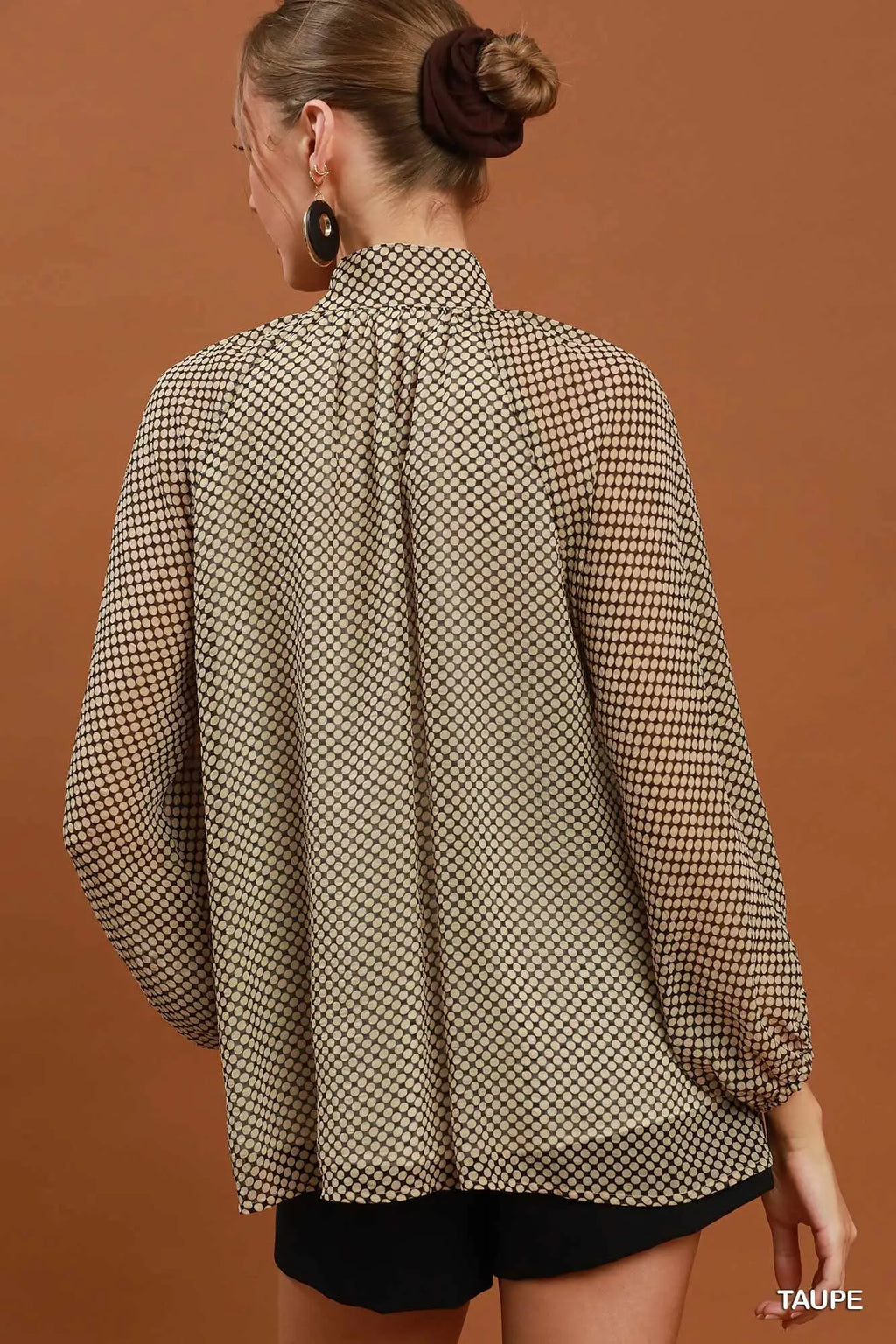 Taupe Dot Print Tie Neck Long Sleeve Blouse