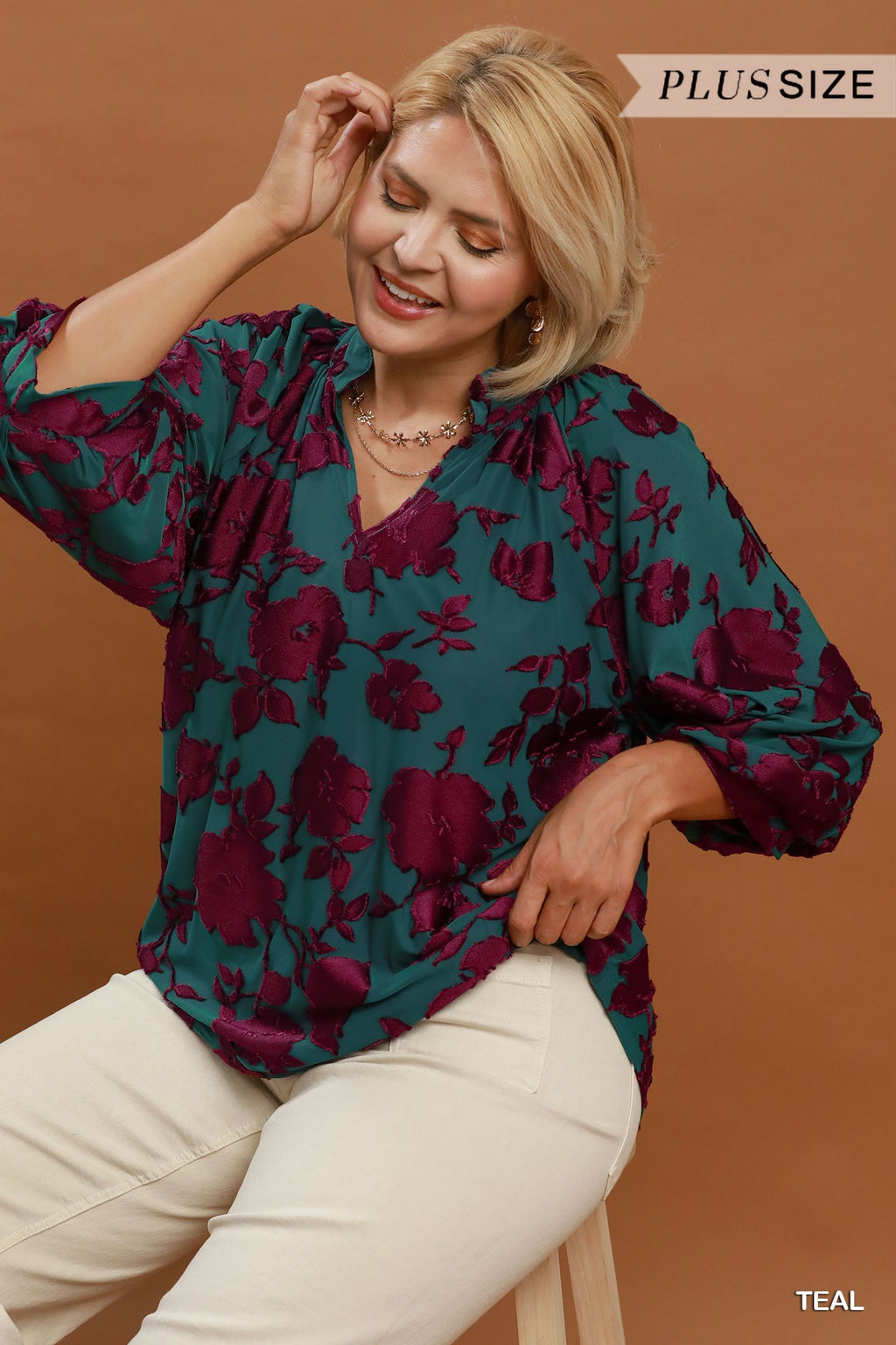 Textured Floral Balloon Sleeve Blouse