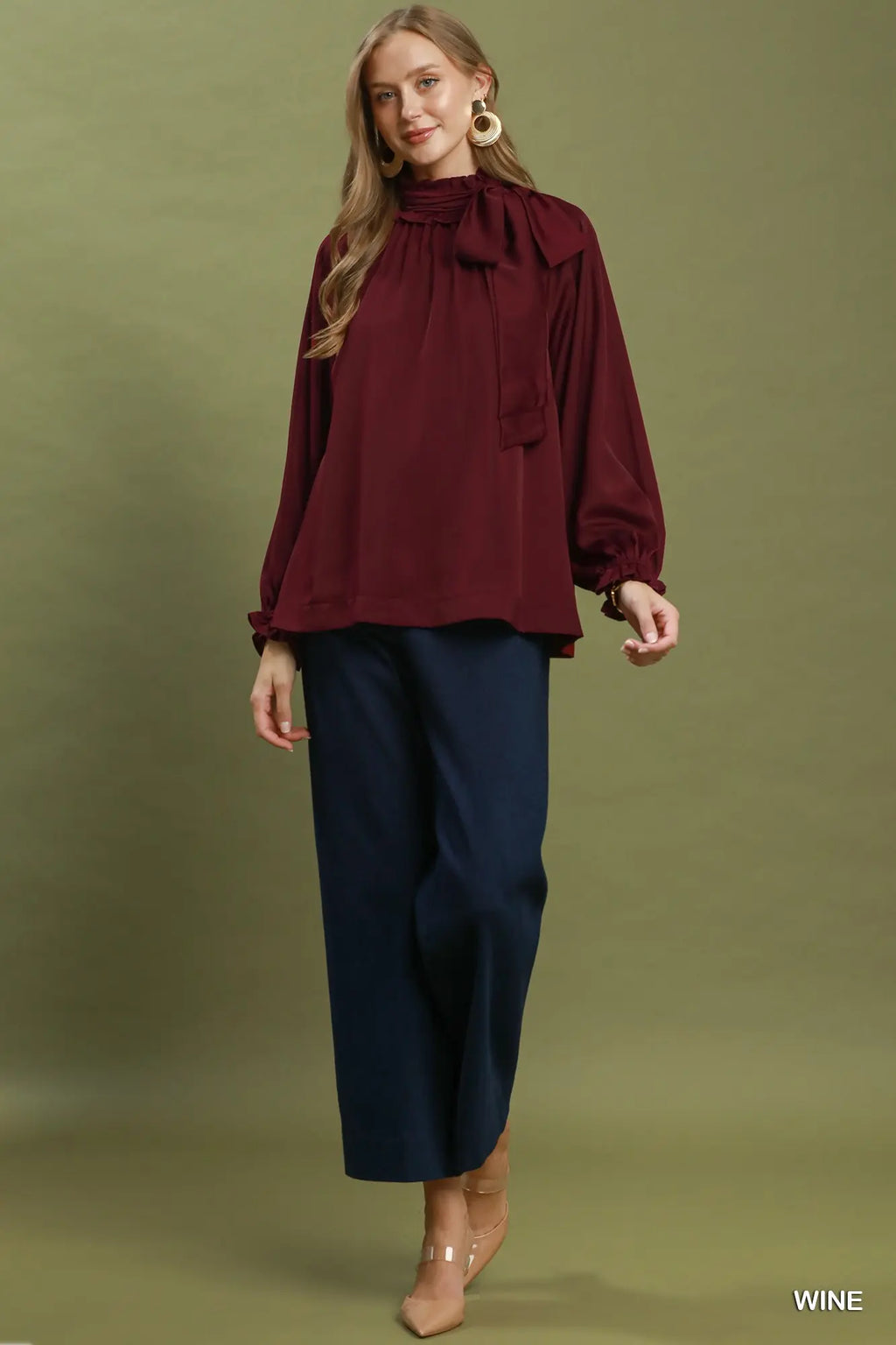Satin Tie Neck Ruffle Detail Long Sleeve Blouse Wine Top