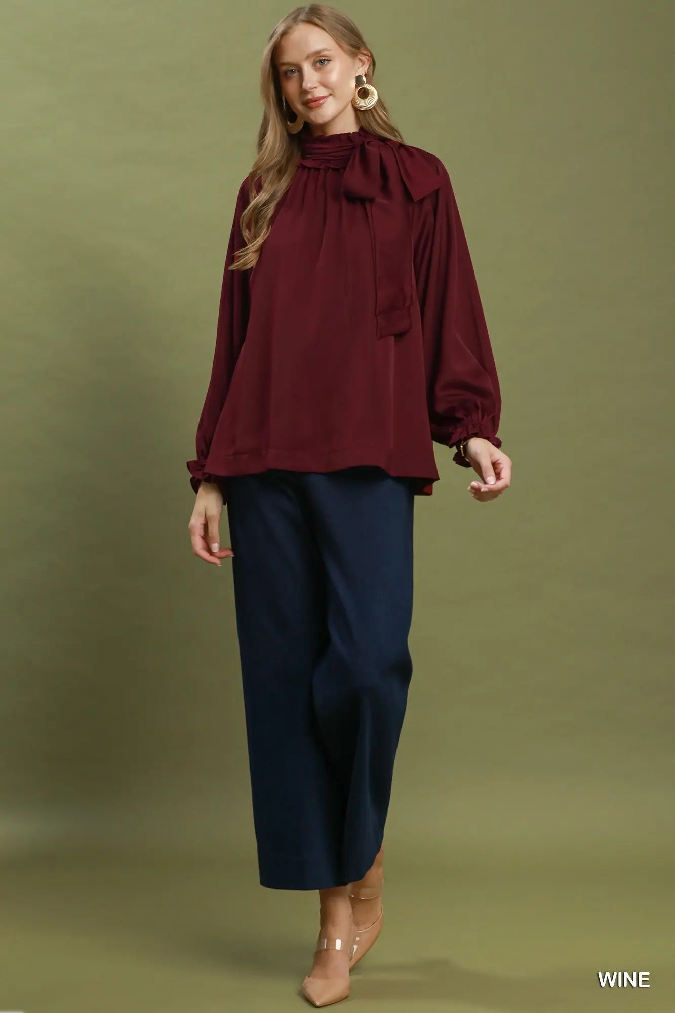 Satin Tie Neck Ruffle Detail Long Sleeve Blouse Wine Top