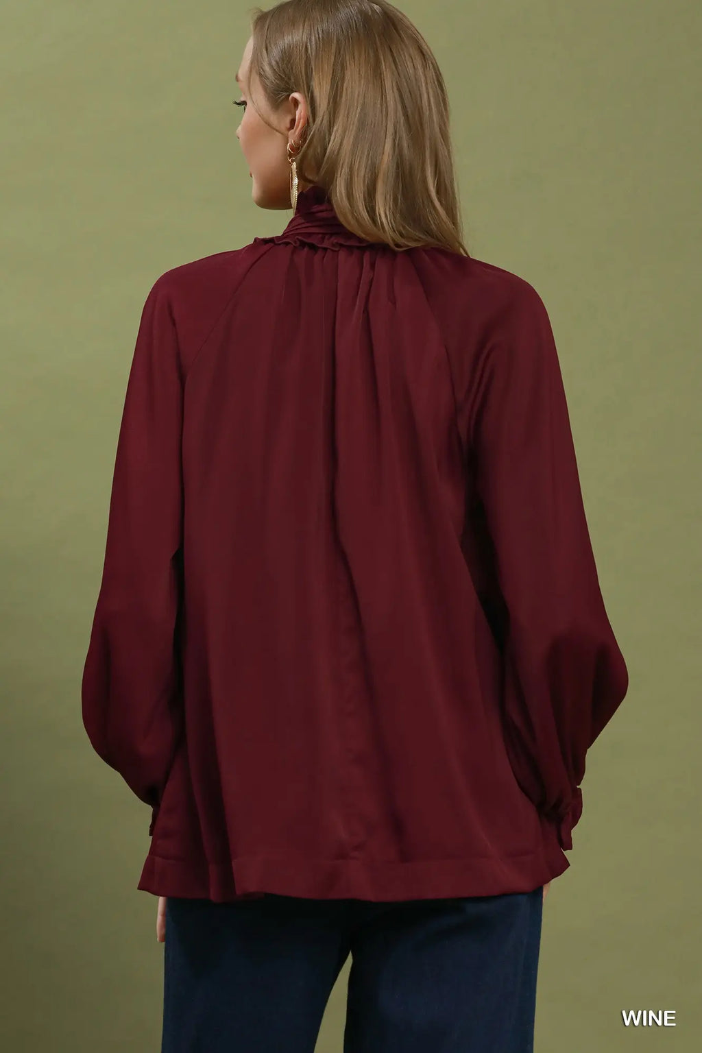 Satin Tie Neck Ruffle Detail Long Sleeve Blouse Wine Top