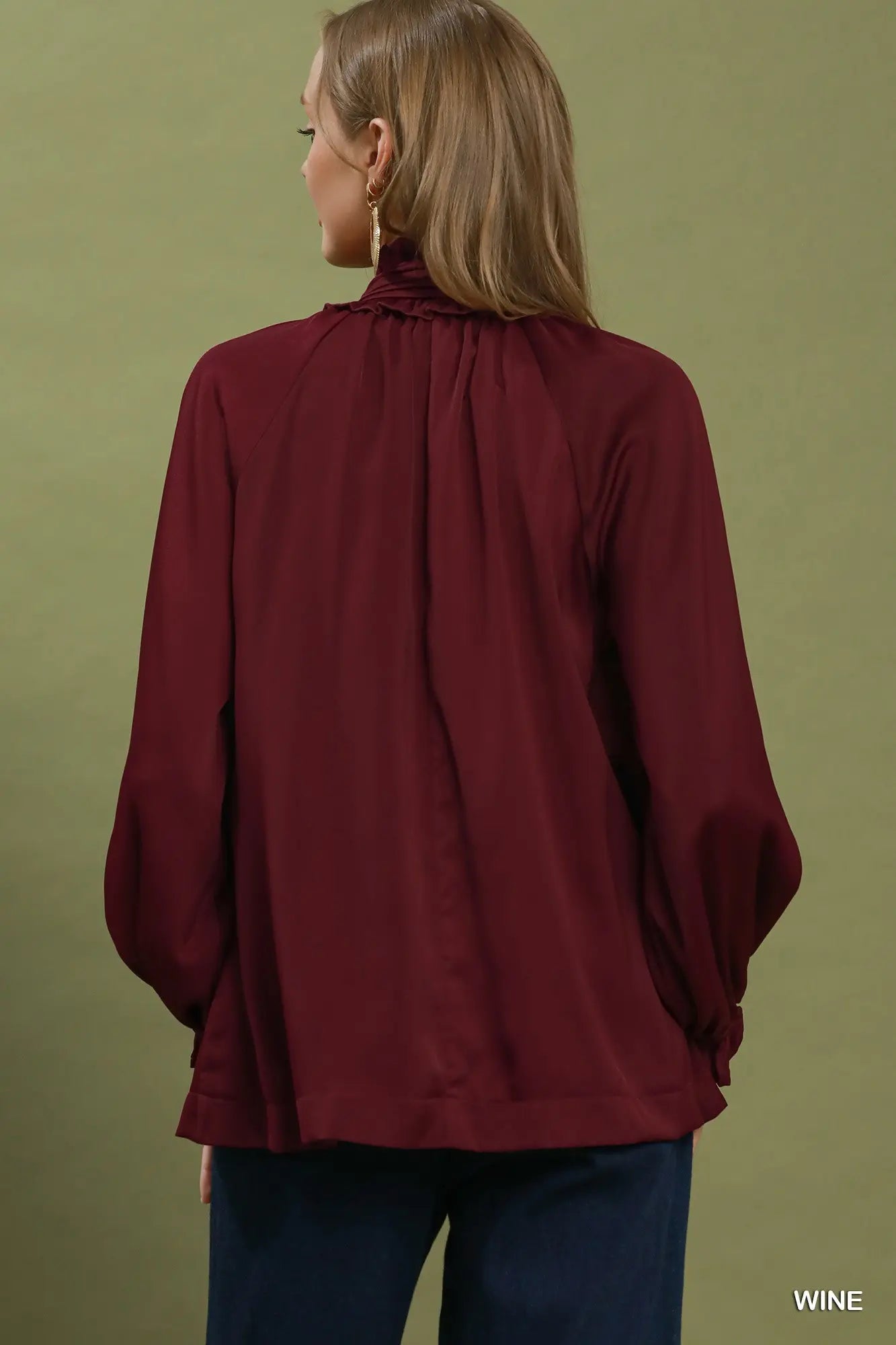 Satin Tie Neck Ruffle Detail Long Sleeve Blouse Wine Top