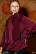 Satin Tie Neck Ruffle Detail Long Sleeve Blouse Wine Top