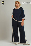 Colorblock Crewneck Raglan Sleeve Top & Wide Leg Pants Set PLUS