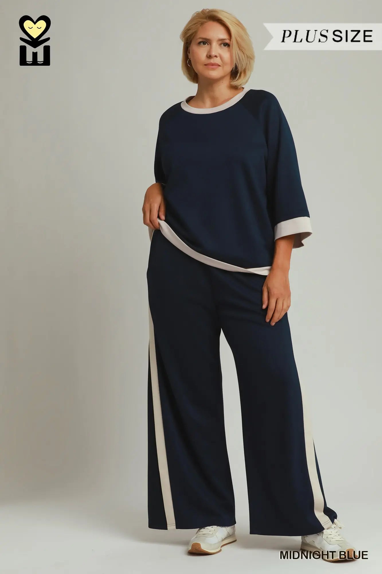 Colorblock Crewneck Raglan Sleeve Top & Wide Leg Pants Set PLUS