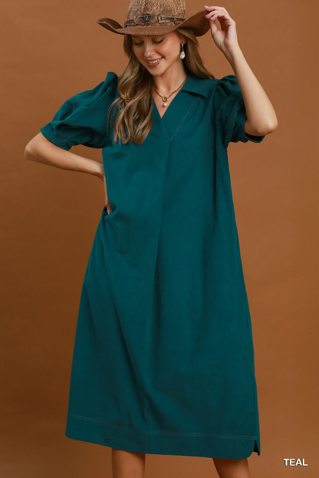 Corduroy Collared Puff Sleeve Midi Dress